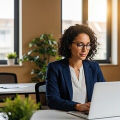 Focused Professional Woman Working Efficiently on Her Laptop in a Modern Office Environment
