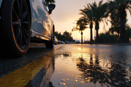 Sunset car parked, wet road