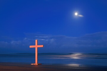 Wooden Cross On Beach Morning Storm Cloud Sky
