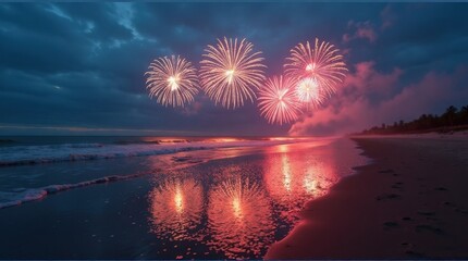 Colorful Fireworks Display Over Beach at Night with Reflection and Cloudy Sky