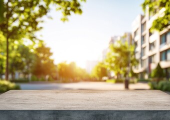 Empty light beige stone surface with a blurred city street and trees in the background