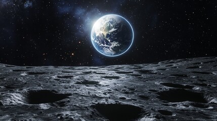 Night scene of the moon with a view of Earth in the distance, showing the moon's surface and craters.