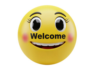Fototapeta premium Friendly yellow smiley face emoji with blushing cheeks and the word welcome written on its forehead isolated on transparent background