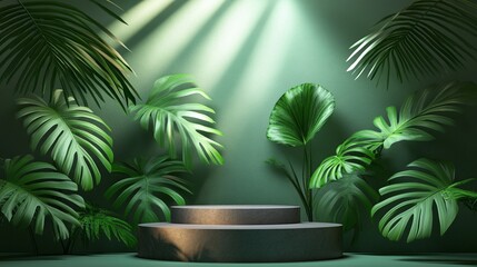 Fototapeta premium Empty pedestal surrounded by lush tropical foliage.