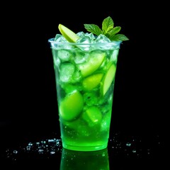 Refreshing Green Apple Mint Summer Cocktail with Crushed Ice and Slices