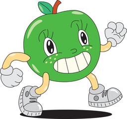 Walking green smiling apple with arms, legs and eyes. Funny cartoon character.