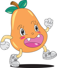 Walking orange pear with open mouth with two teeth with arms with legs and eyes. Funny cartoon character.