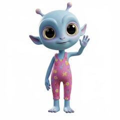 Friendly Blue Alien Character in Pink Pajamas Waving Hello on White Background