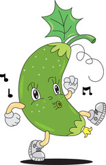 Walking green cucumber with arms, legs and eyes whistles a melody. Funny cartoon character.