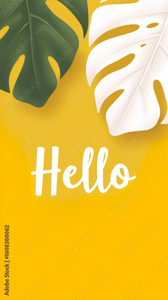 Poster colorful flat illustration featuring tropical leaves on a vibrant yellow background with the word 