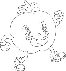Walking, smiling, funny tomato with arms, legs and eyes with an open two-toothed mouth. Funny cartoon character. Outline drawing.