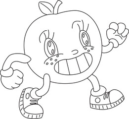 Walking funny smiling grinning apple with arms, legs and eyes. Funny cartoon character. Contour drawing