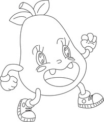 Walking, smiling, funny pear with arms, legs and eyes with an open two-toothed mouth. Funny cartoon character. Outline drawing.