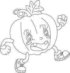 Walking, smiling, funny pumpkin with arms, legs and eyes with an open two-toothed mouth with leaves on top. Funny cartoon character. Outline drawing.