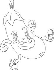 Walking, smiling, funny eggplant with arms, legs and eyes with an open two-toothed mouth. Funny cartoon character. Outline drawing.