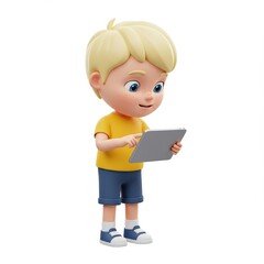 Cartoon boy with blonde hair using a tablet isolated on white background