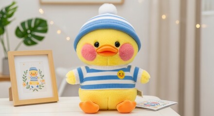 Adorable Plush Yellow Duck Toy Wearing a Striped Sweater and Blue Hat