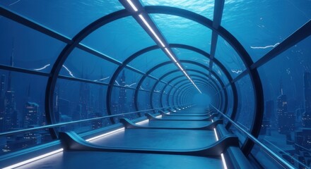 Futuristic Underwater City Transportation Tunnel with Aquatic Life and Electric Sparks