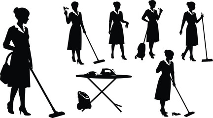 sweeping, ironing, domestic work, cleaning tools, maid duties, home chores, cleaning service illustration