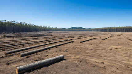 A deforested landscape portrays vast areas of cleared ground and leftover timber remnants beneath a clear blue sky
