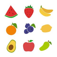Colorful tropical fruit icons set with watermelon strawberry banana orange blueberry lemon avocado apple and mango for healthy food design