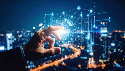 Hand interacts with global data network over city