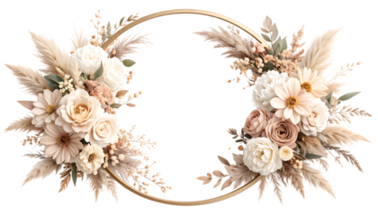 Elegant floral arrangement with roses and pampas grass, set in a golden circle isolated on transparent background.