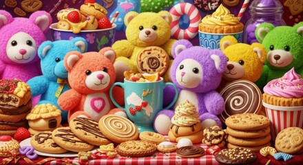 A Whimsical Gathering of Colorful Teddy Bears Surrounded by Delicious Assorted Sweets and Baked Goods Creating a Festive Holiday Atmosphere