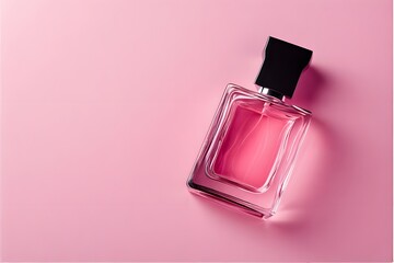 Elegant perfume bottle with pink fragrance on a modern pink backdrop conveys sophistication and style