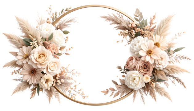 Elegant floral arrangement with roses and pampas grass, set in a golden circle isolated on transparent background.