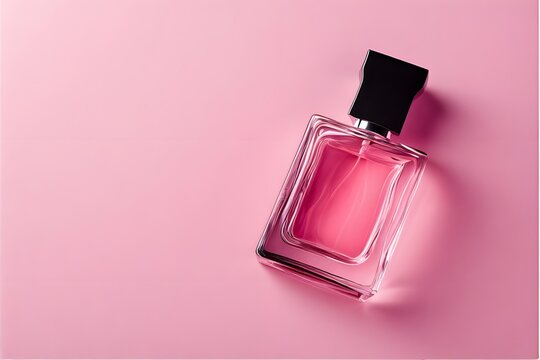 Elegant perfume bottle with pink fragrance on a modern pink backdrop conveys sophistication and style
