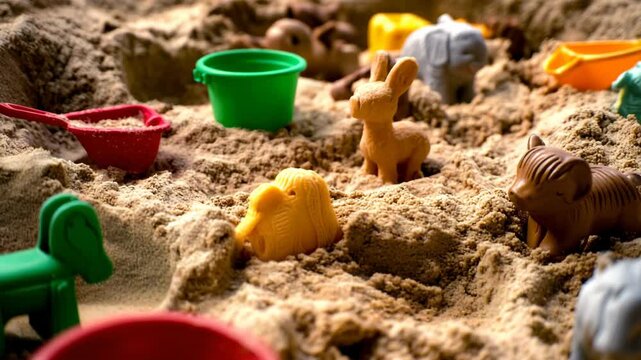 Colorful toy animals and buckets scattered in a sandy playground environment during a sunny afternoon