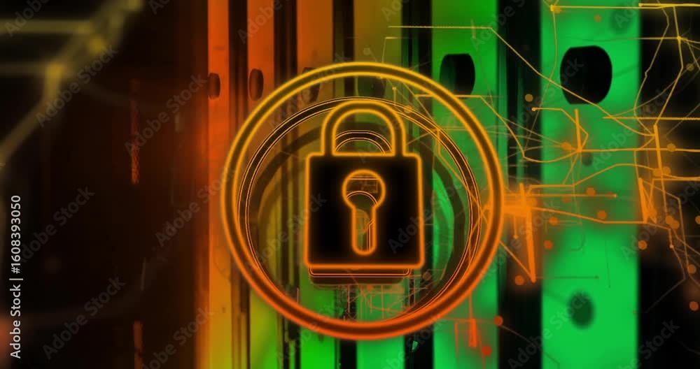 Aufkleber fading in padlock outline initiating two glowing rings pulsing lock and flickering security circuit