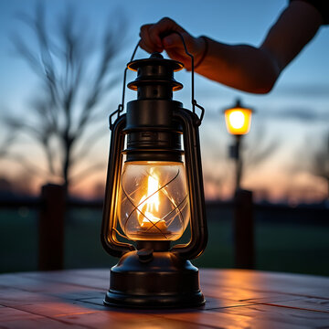 Antique Lantern, handheld lamplighter standing on a table at dusk.