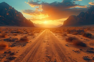 Scenic desert road leading toward a vibrant sunset, ramed by majestic mountain, evoking adventure and trnquility in nature.