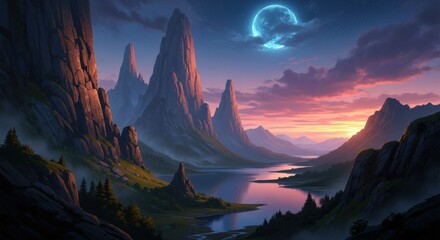 Enchanting alien landscape bathed in ethereal moonlight and vibrant sunset hues