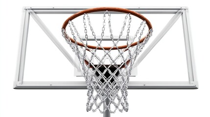 Bottom view of a basketball hoop with a chain net against a clean white backdrop