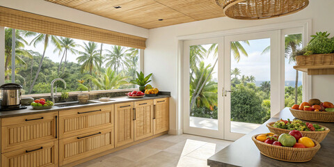 . Tropical-themed kitchen with bamboo cabinets, colorful fruit bowls, and view of palm trees through the backdoor
