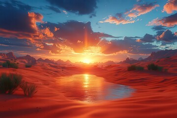 Stunning desert sunset reflecting on tranquil water,with vibrant colors and drmatic clouds, perfect for ature and travel themes.
