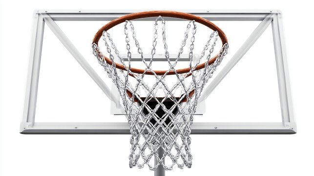 Bottom view of a basketball hoop with a chain net against a clean white backdrop