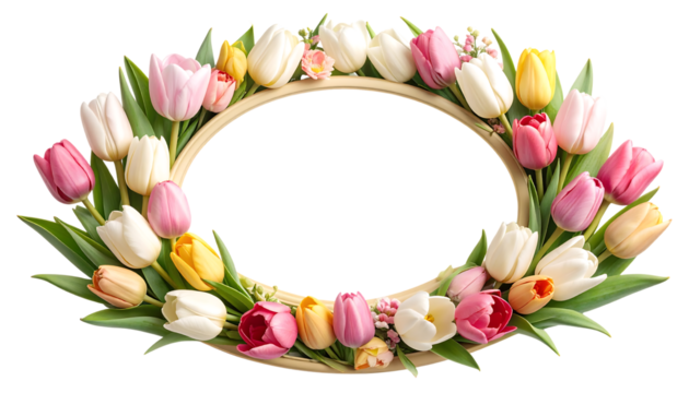 A vibrant oval frame composed of colorful tulips and green leaves, isolated on transparent background.