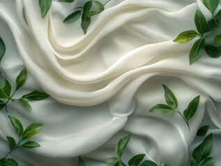 Elegant white silk fabric draped with fresh green leves, creating a serene andluxurious backdrop perfectfor eco-friendly branding r fashion concepts.