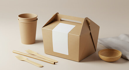 Eco-friendly takeaway food packaging set with cardboard box, paper cups, and wooden utensils. Sustainable container mockup for branding.