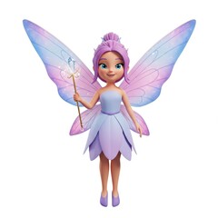 Smiling Cartoon Fairy with Lavender Hair and Sparkling Wings Holding Magic Wand