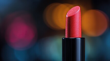 A close-up of an elegant vibrant red lipstick with sleek black case, detailed texture, set against a blurred backdrop with vivid colors and soft lighting for luxurious, captivating product advertising