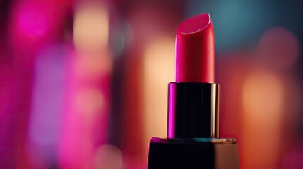 A close-up of an elegant vibrant red lipstick with sleek black case, detailed texture, set against a blurred backdrop with vivid colors and soft lighting for luxurious, captivating product advertising