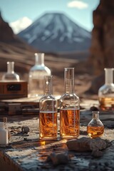 Elegant glass bottles filled with amber liquid set aainst a stunning mountain ackdrop, evoking adventureand exploration in a naturl laboratory.