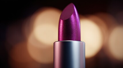 A close-up of an elegant vibrant red lipstick with sleek black case, detailed texture, set against a blurred backdrop with vivid colors and soft lighting for luxurious, captivating product advertising