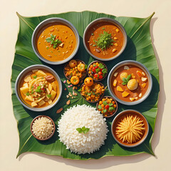 Traditional South Indian Vegetarian Meal on Banana Leaf – Rice, Curries, and Festive Side Dishes