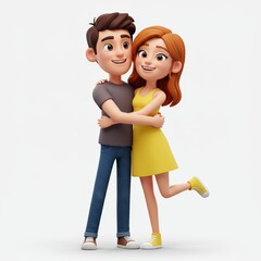 Animated Couple Embracing Smiling with Joyful Expressions Isolated on White Background